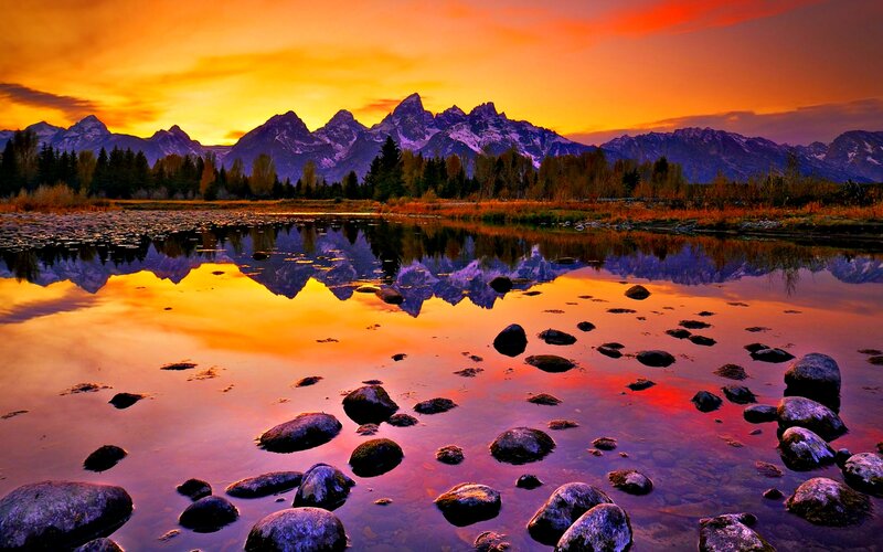 Mountain Range Reflection — Orange, Dramatic, Sunset, Photograph, Mountains