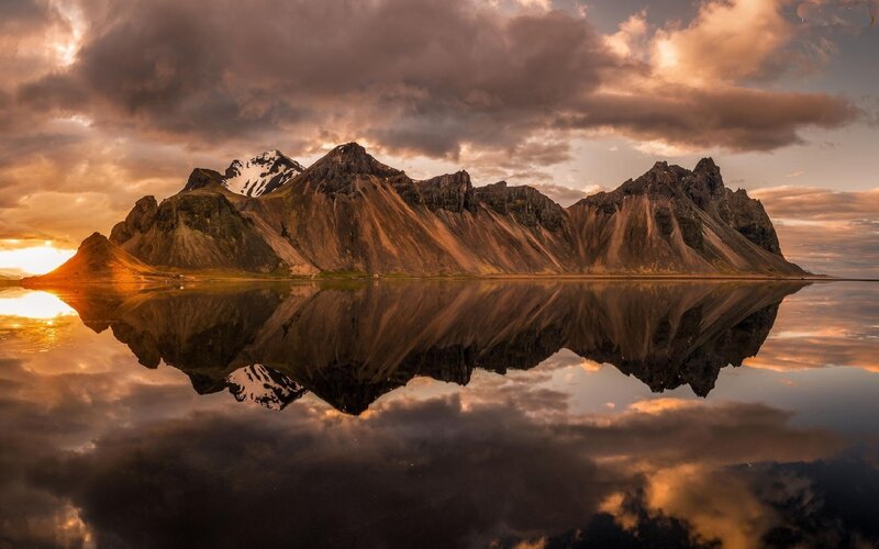 Mountain Range Reflection — Orange, Dramatic, Sunset, Photograph, Mountains, Water, Sky
