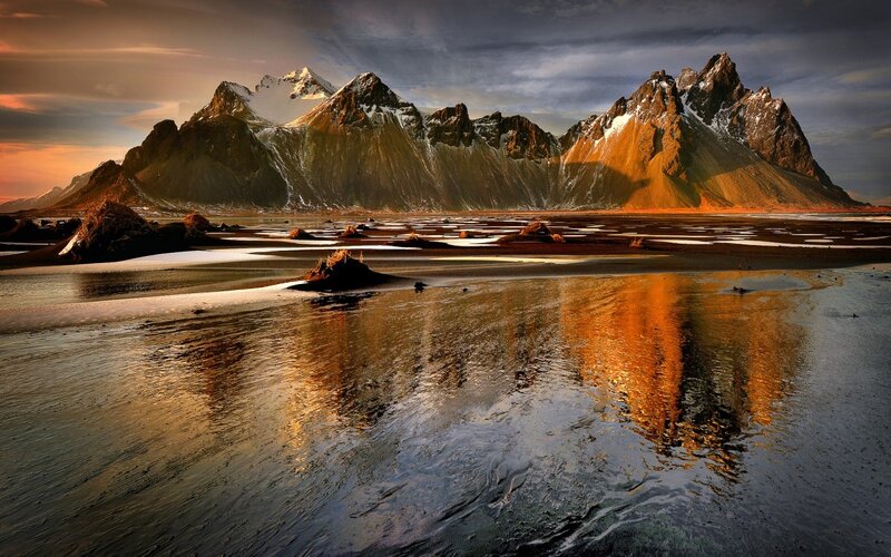 Mountain Range Reflection — Orange, Dramatic, Sunset, Photograph, Mountains, Water