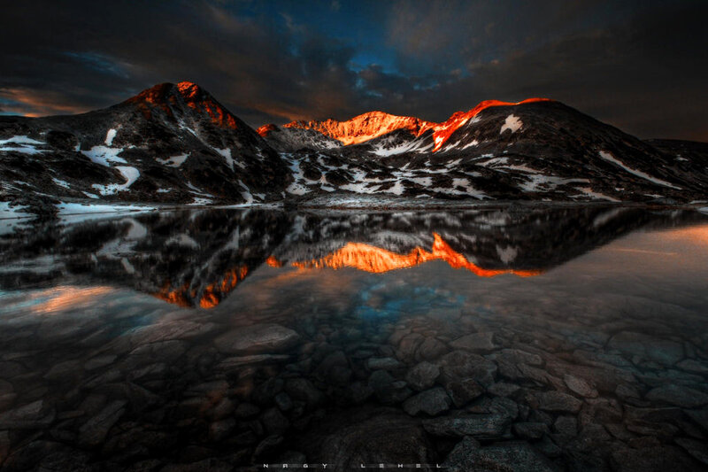 Mountain Range Reflection — Orange, Dramatic, Sunset, Photograph, Snow