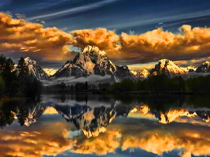 Mountain Range Reflection — Orange, Dramatic, Sunset, Photograph
