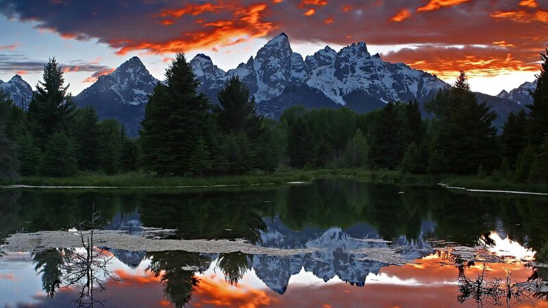 Mountain Range Reflection — Orange, Dramatic, Sunset, Photograph, Trees