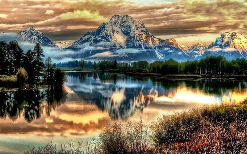 Mountain Range Reflection — Orange, Serene, Sunset, Photograph, Lake