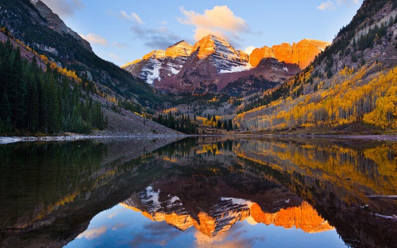 Mountain Range Reflection — Orange, Serene, Sunset, Photograph, Lake, Trees, Clouds