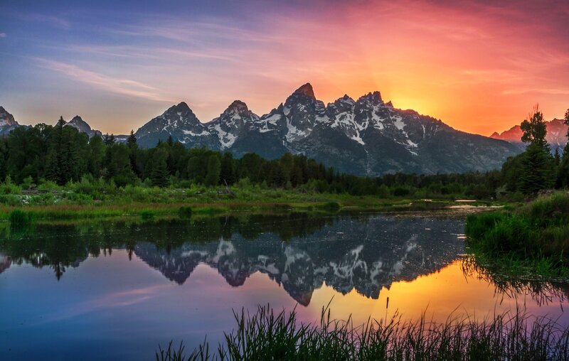 Mountain Range Reflection — Orange, Serene, Sunset, Photograph, Lake, Trees, Sky