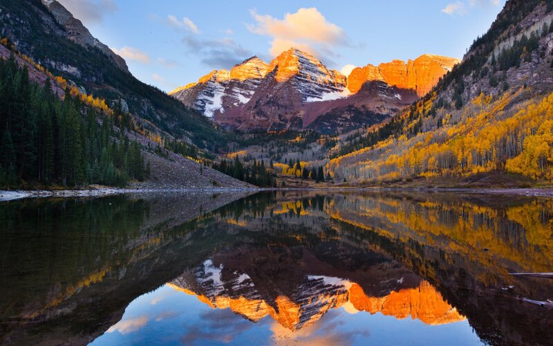 Mountain Range Reflection — Orange, Serene, Sunset, Photograph, Lake, Trees, Snow