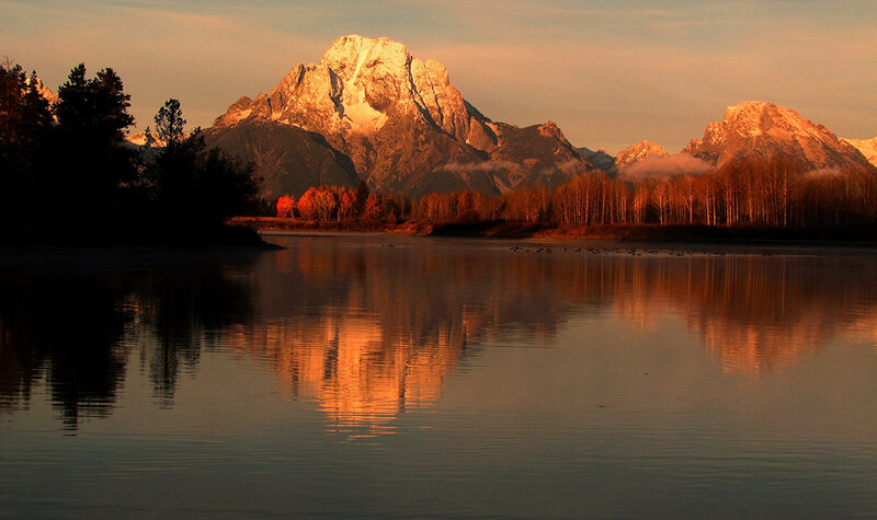 Mountain Range Reflection — Orange, Serene, Sunset, Photograph, Lake, Trees
