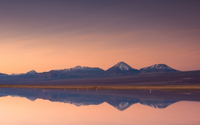 Mountain Range Reflection — Orange, Serene, Sunset, Photograph, Mountains, Lake