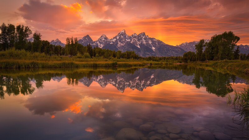Mountain Range Reflection — Orange, Serene, Sunset, Photograph, Mountains