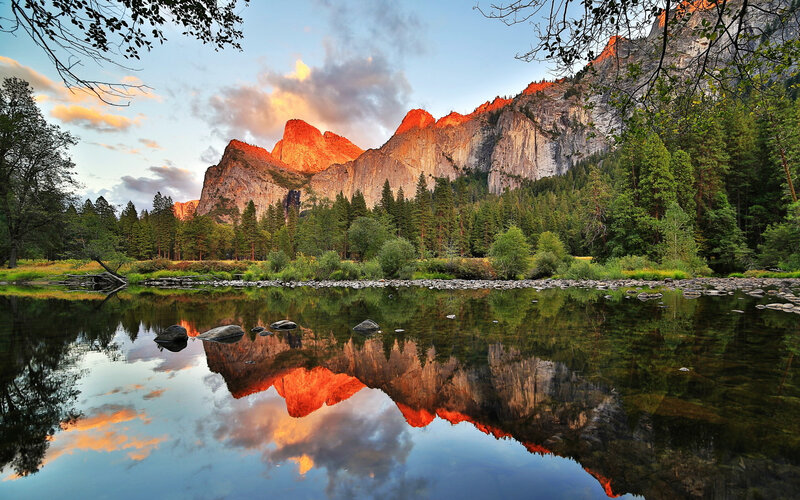 Mountain Range Reflection — Orange, Serene, Sunset, Photograph, River