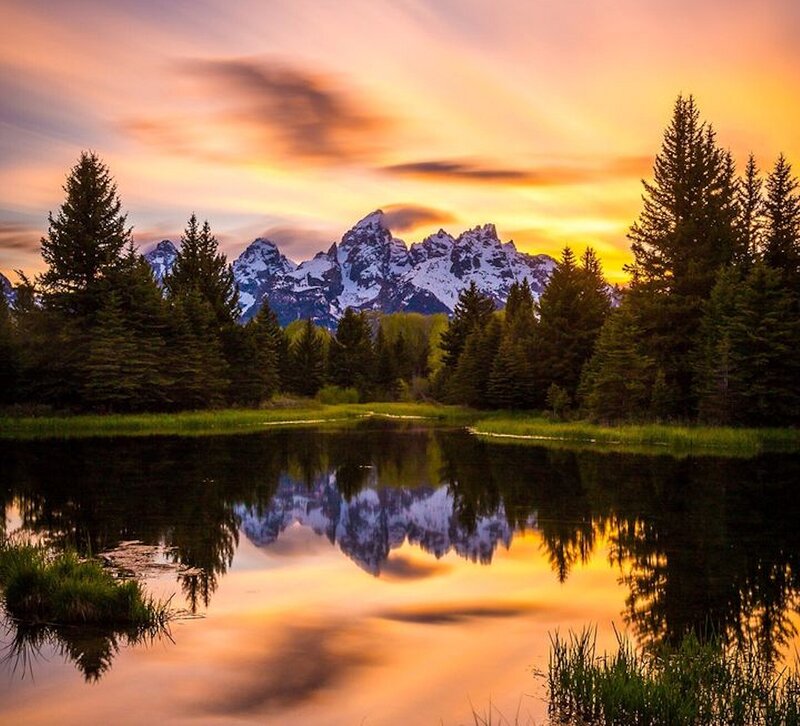 Mountain Range Reflection — Orange, Serene, Sunset, Photograph, Trees