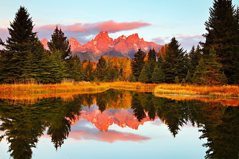 Mountain Range Reflection — Orange, Serene, Sunset