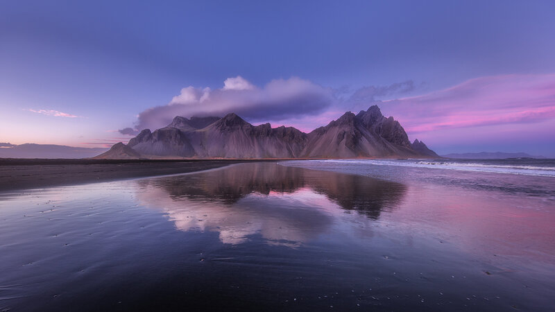 Mountain Range Reflection — Purple, Serene, Sunset, Photograph, Beach