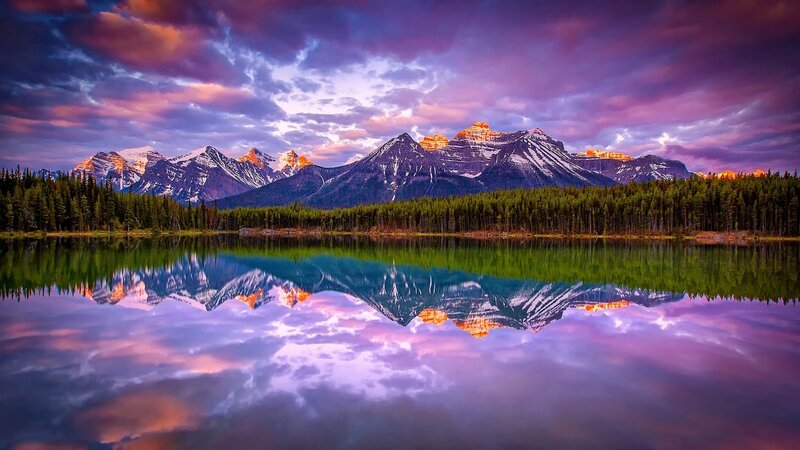 Mountain Range Reflection — Purple, Serene, Sunset, Photograph, Forest