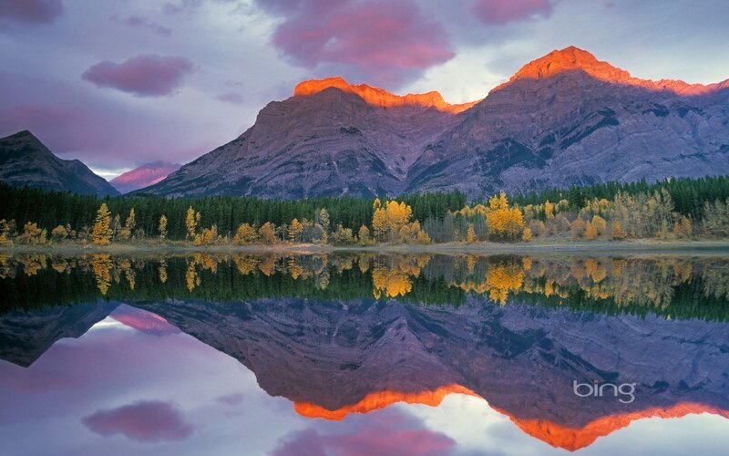Mountain Range Reflection — Purple, Serene, Sunset, Photograph, Lake, Forest