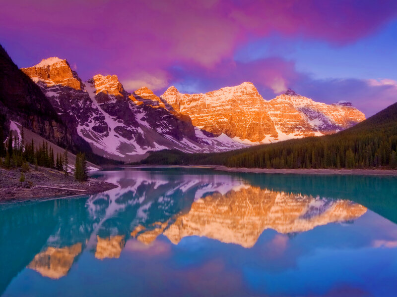 Mountain Range Reflection — Purple, Serene, Sunset, Photograph, Lake