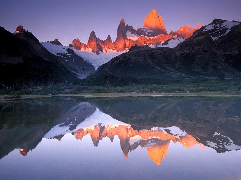 Mountain Range Reflection — Purple, Serene, Sunset, Photograph, Mountains, Lake