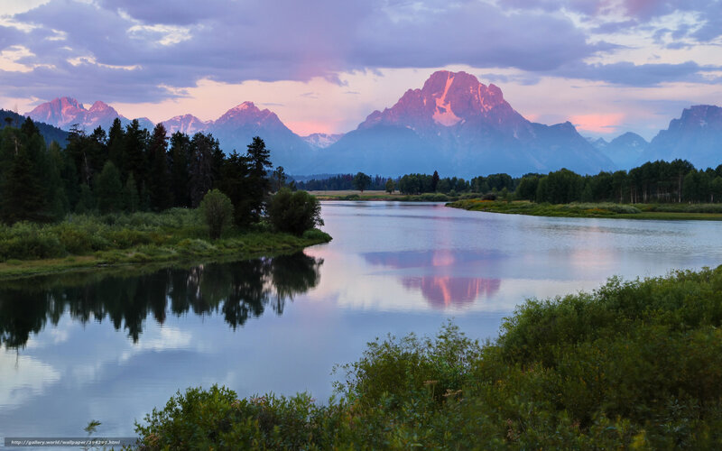 Mountain Range Reflection — Purple, Serene, Sunset, Photograph, River