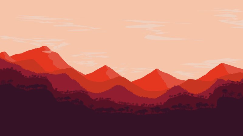 Mountain Range Silhouette — Orange, Serene, Sunset, Digital Art