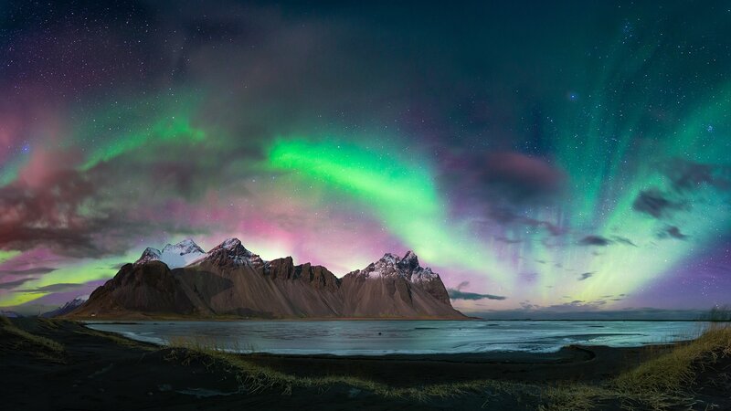 Mountain Range under Aurora — Green