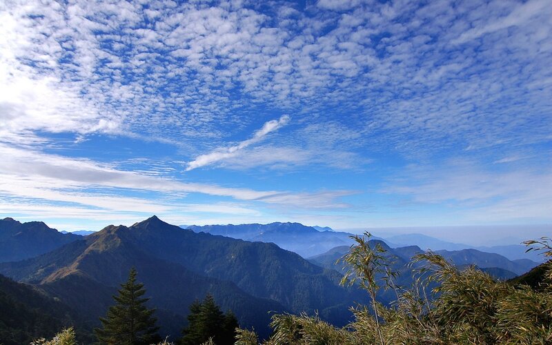 Mountain Range under Clouds — Blue, Serene, Morning