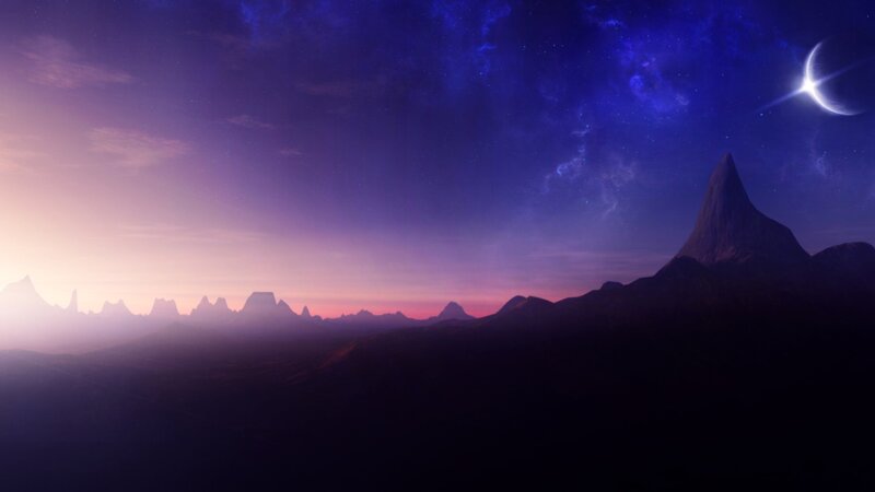 Mountain Range under Crescent Moon