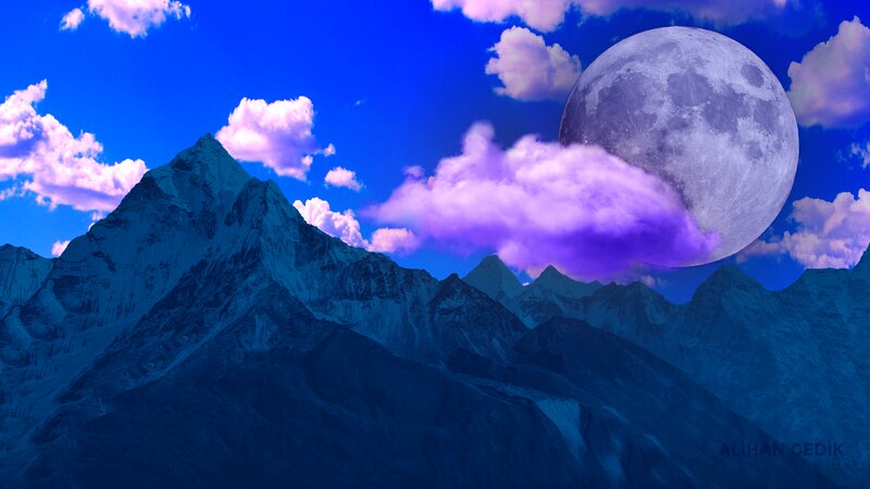 Mountain Range under Moon — Blue, Dramatic, Night