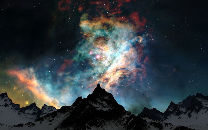 Mountain Range under Nebula — Blue, Dramatic, Night