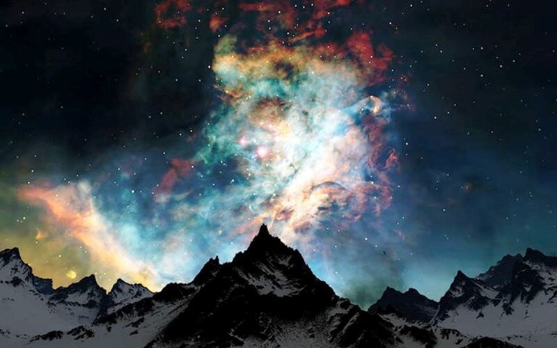 Mountain Range under Nebula — Blue, Dramatic