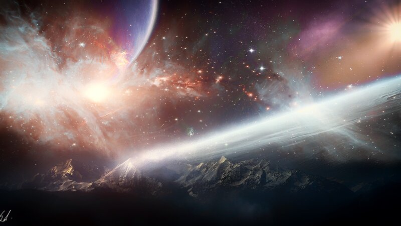 Mountain Range under Nebula — Purple, Dramatic
