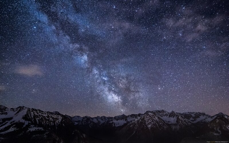 Mountain Range under Stars — Blue, Serene, Night, Photograph, Milky Way, Snow, Black