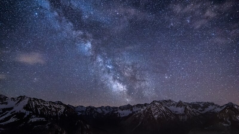 Mountain Range under Stars — Blue, Serene, Night, Photograph, Milky Way, Snow, Black, White