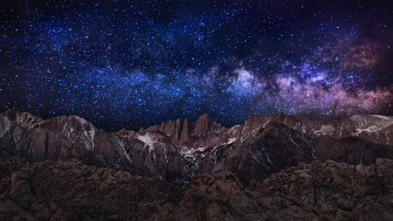 Mountain Range under Stars — Blue, Serene, Night, Photograph, Milky Way, Snow