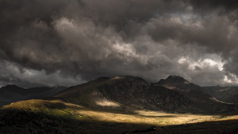 Mountain Range under Storm Clouds — Gray, Dramatic, Afternoon, Photograph, Valley