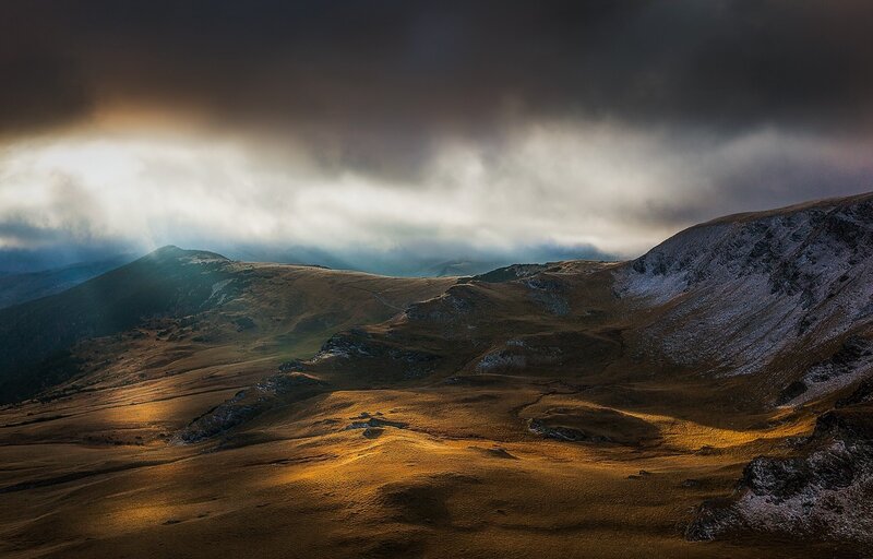 Mountain Range under Stormy Sky — Brown, Dramatic