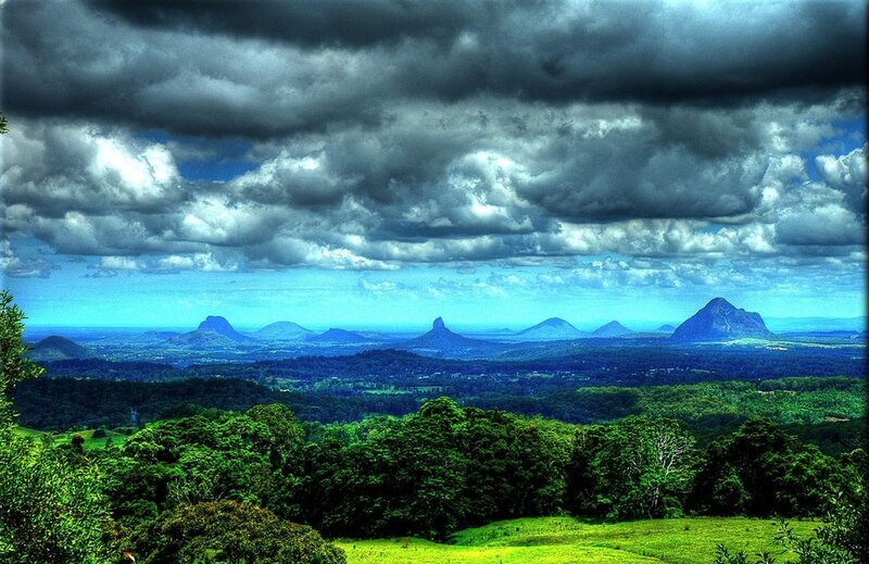 Mountain range under stormy sky