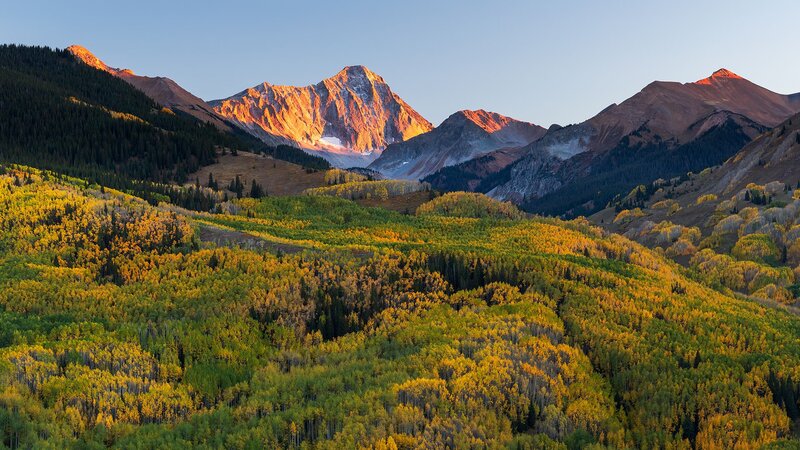Mountain Range with Autumn Forest — Green, Serene