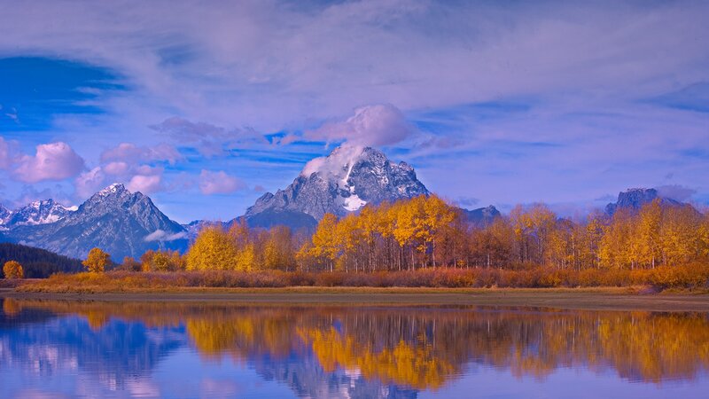Mountain Range with Autumn Trees — Blue, Serene, Photograph, Lake