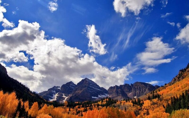 Mountain Range with Autumn Trees — Blue, Serene