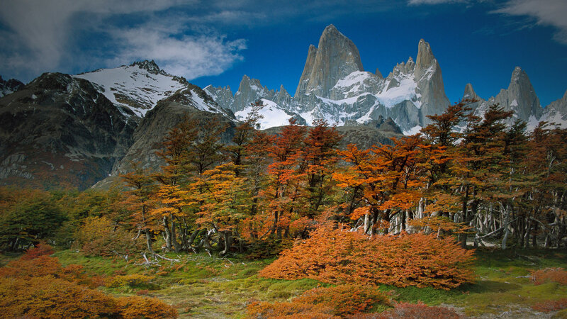 Mountain Range with Autumn Trees — Orange, Dramatic, Photograph