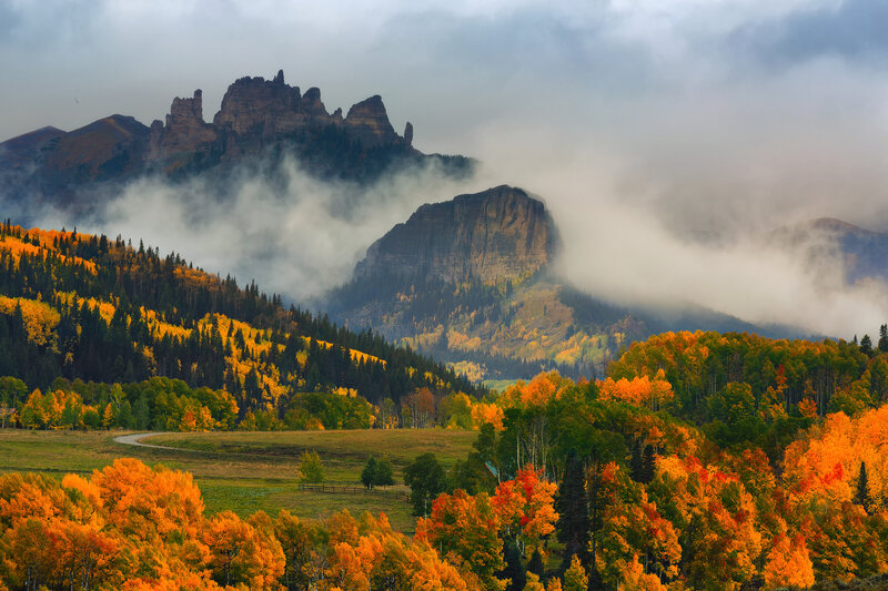 Mountain Range with Autumn Trees — Orange, Serene, Photograph