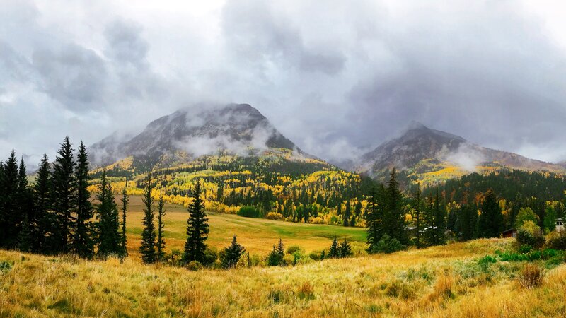 Mountain Range with Autumn Trees — Yellow, Dramatic