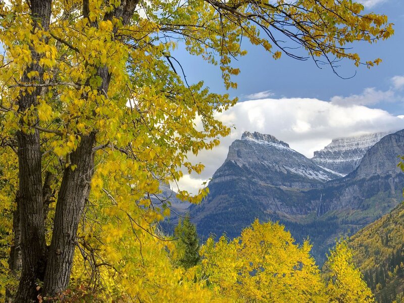 Mountain Range with Autumn Trees — Yellow, Serene, Photograph, Mountains, Clouds, Sky