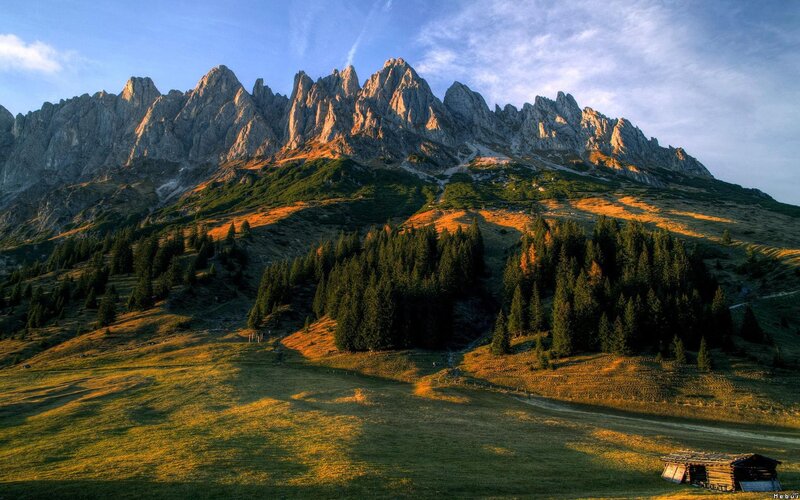 Mountain Range with Cabin — Green