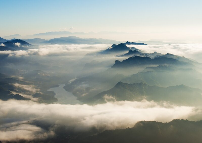 Mountain Range with Clouds — Blue, Serene, Morning, Photograph, River