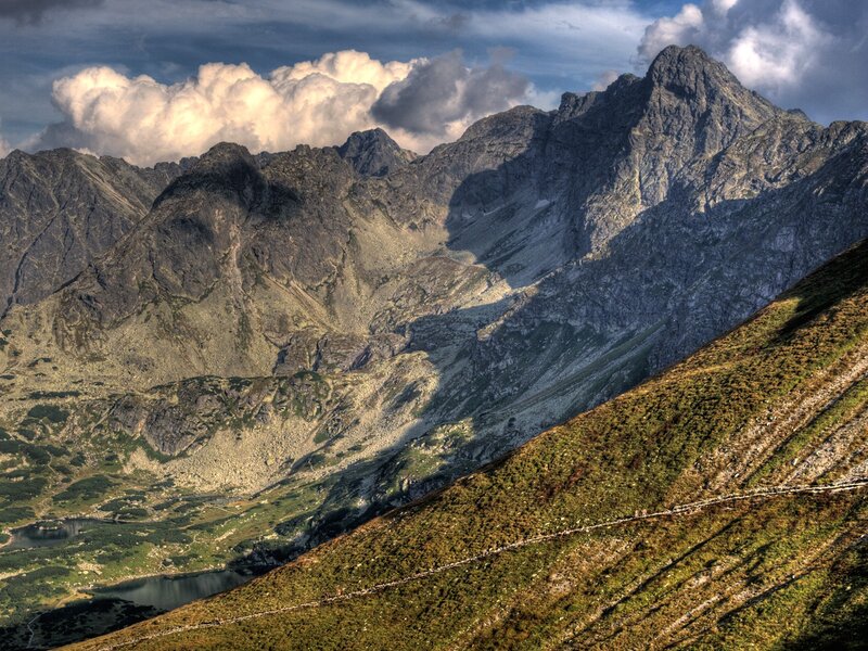 Mountain Range with Clouds — Gray, Dramatic, Afternoon, Photograph, Lake