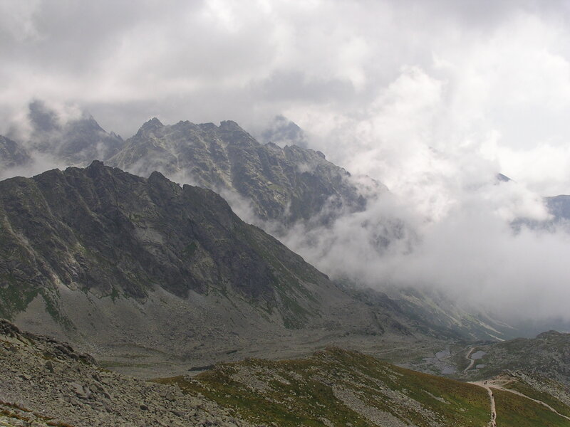 Mountain Range with Clouds — Gray, Dramatic, Photograph, Trail