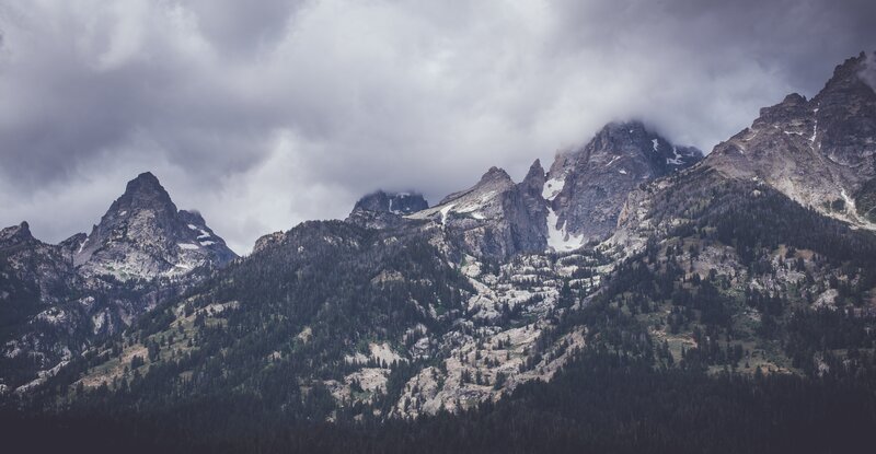 Mountain Range with Clouds — Gray, Dramatic, Photograph, Trees
