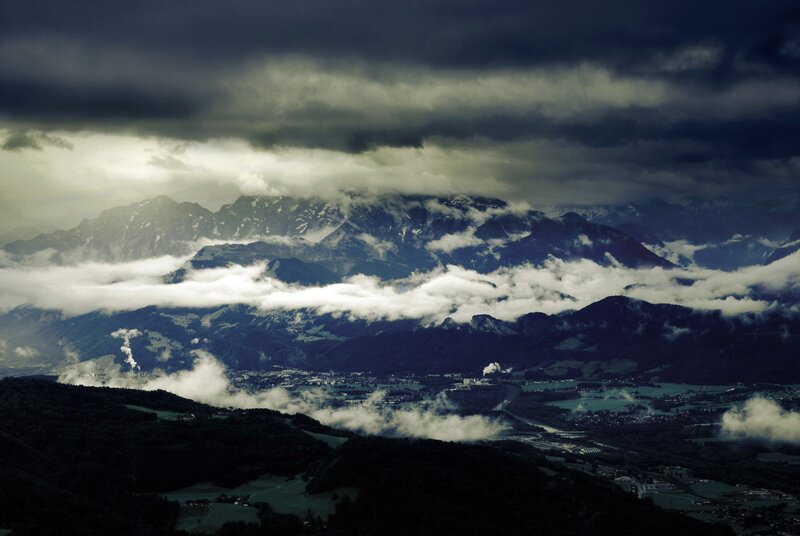 Mountain Range with Clouds — Gray, Dramatic, Photograph, Valley