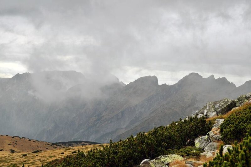 Mountain Range with Clouds — Gray, Overcast, Photograph, Rocks
